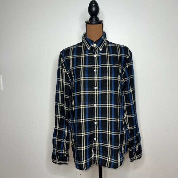 Club Monaco Black Multi Long Sleeve Plaid 100% Linen Button Up Shirt Mens Medium - Picture 14 of 14